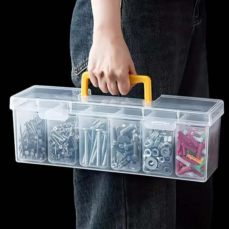 7-Piece tool organizer case, transparent with yellow handle, displaying screws, nuts, bolts and washers