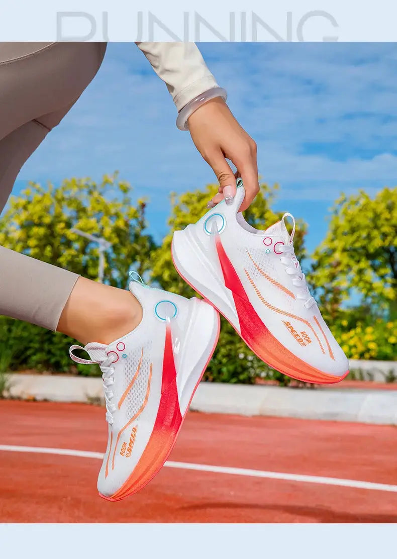 Simples Market running shoes, white lightweight marathon sneakers with orange gradient sole, pair for men and women