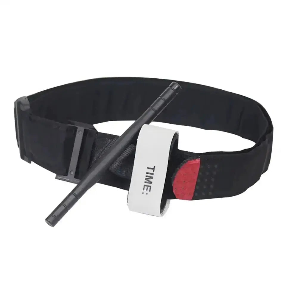 Black tactical medical tourniquet with integrated pen and adjustable strap for emergency use