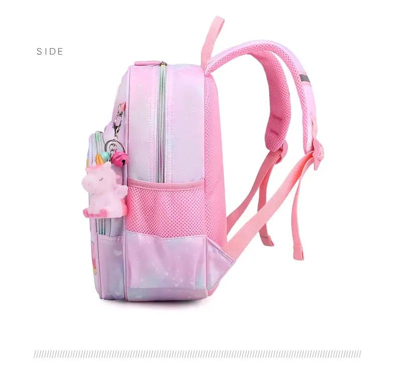 Unicorn backpack for girls, pastel pink and purple with a mesh side pocket and a unicorn charm keychain.