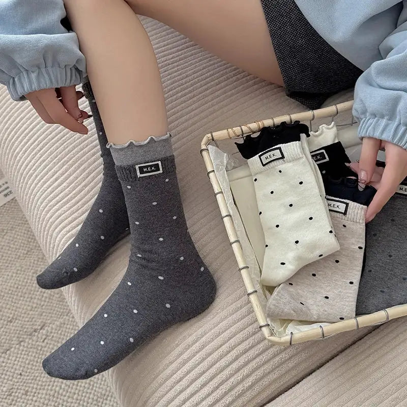 PreppySteps Womens Dots Pattern Frilly Long Socks Breathable Combed Cotton Everyday Comfort