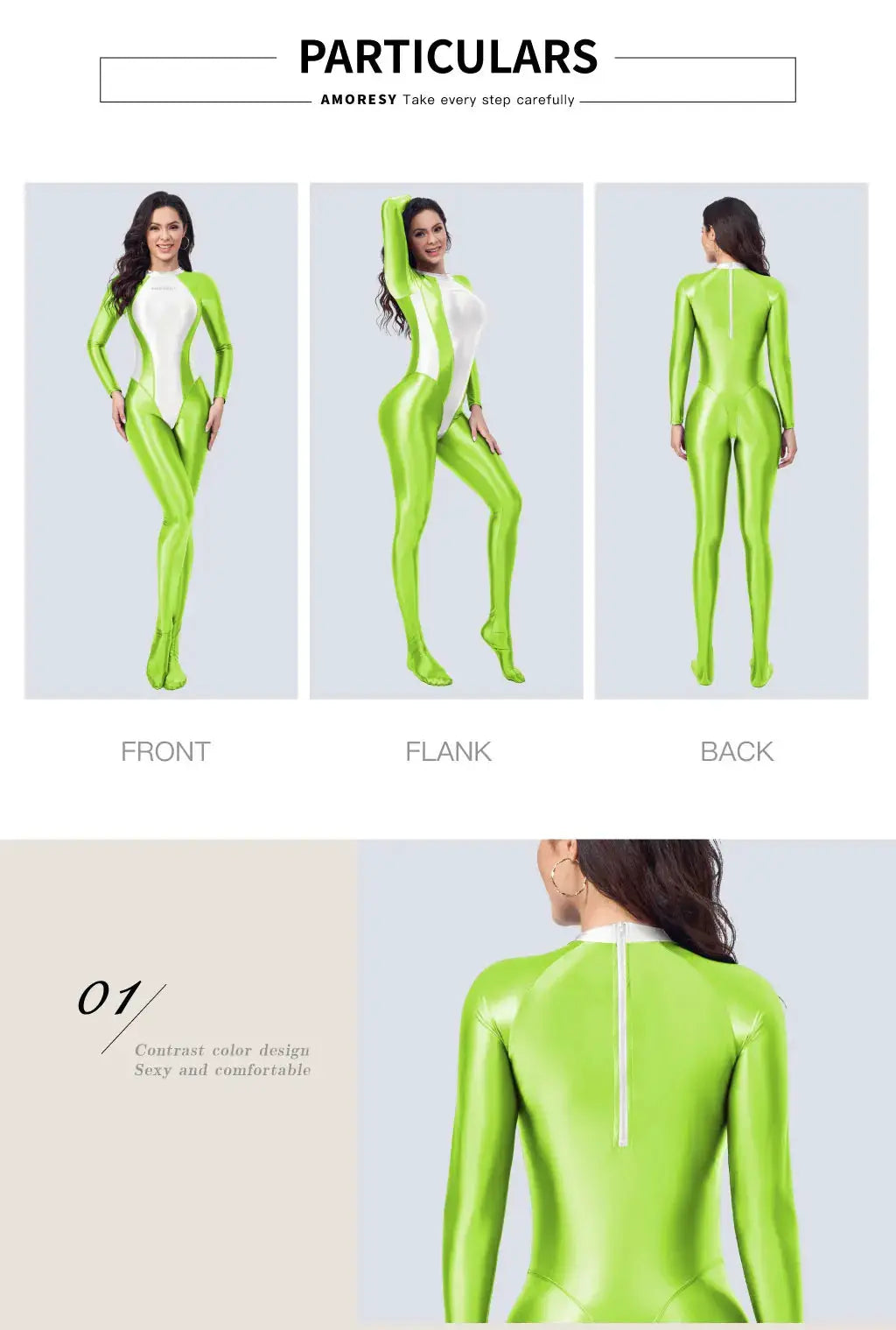AMORESY wetlook catsuit by Simples Market in lime green with white front panels and back zipper; fullbody Zentai jumpsuit