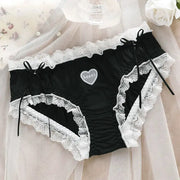 Simples Market black lace panties with white lace trim, heart applique and side ribbon ties