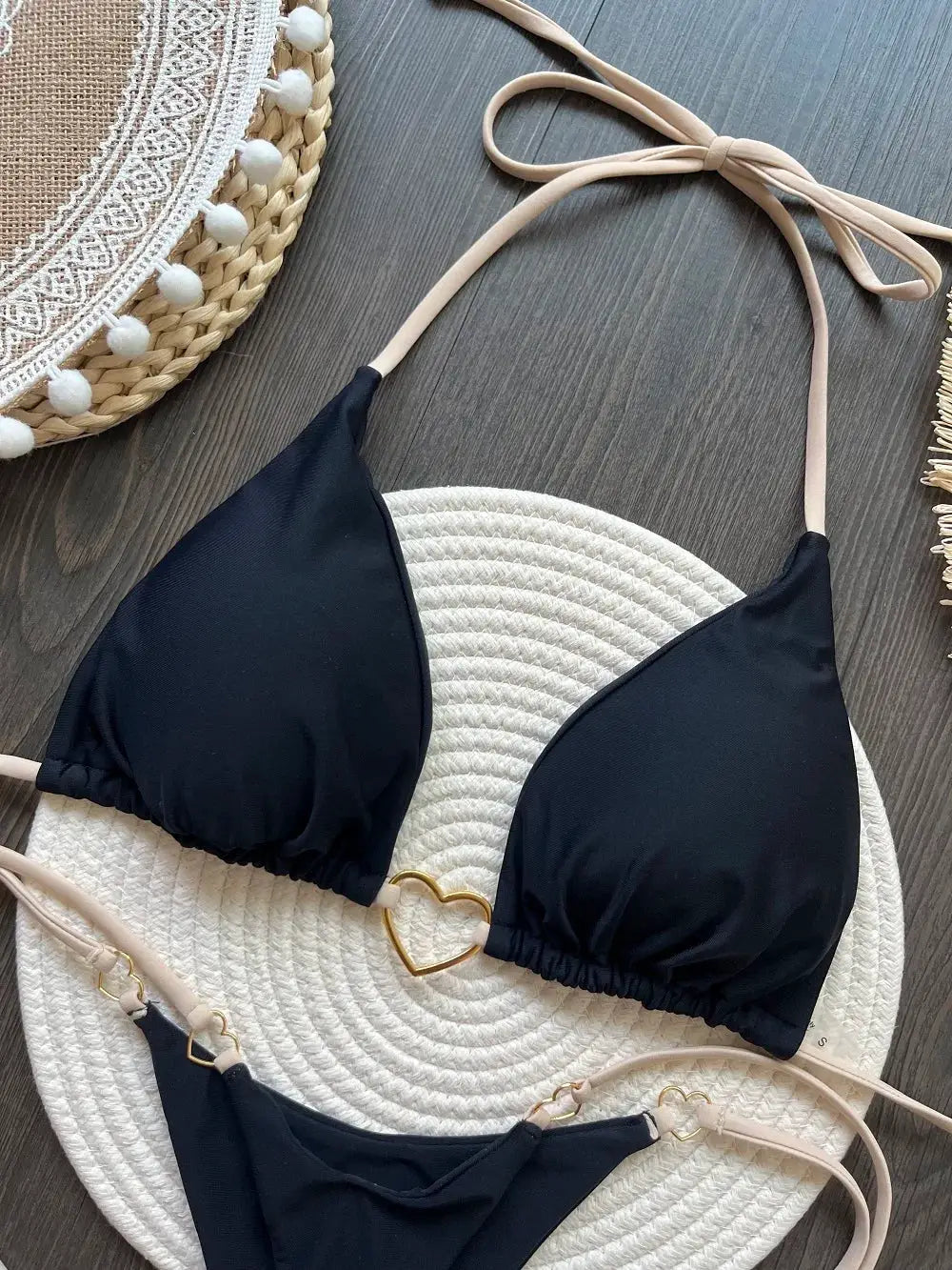 RUOTONSEPT black halter bikini set (two-piece) by Simples Market, triangle top with beige straps and thong bottoms.
