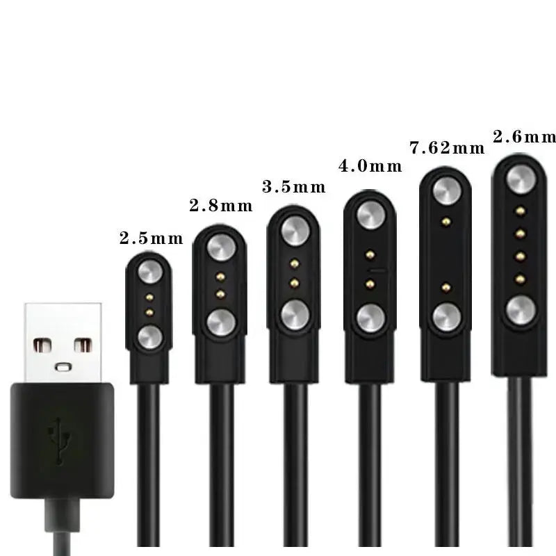 Simples Market USB smartwatch charger cable with six interchangeable watch dock adapters (2.5–7.62 mm) and USB-A plug