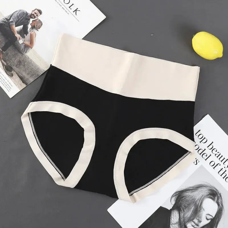 Simples Market women's high-waisted tummy-tuck panties in black with beige waistband, modal fabric