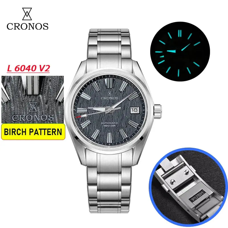 Cronos men's wristwatch, 39mm automatic Miyota 9015, birch-pattern dial, stainless steel band, sapphire crystal, 10 ATM