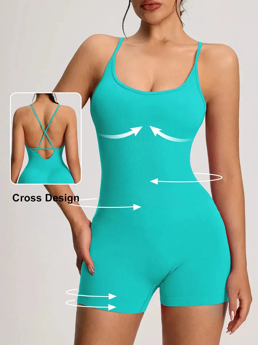 Backless turquoise yoga bodysuit by Simples Market with cross-back straps and fitted shorts