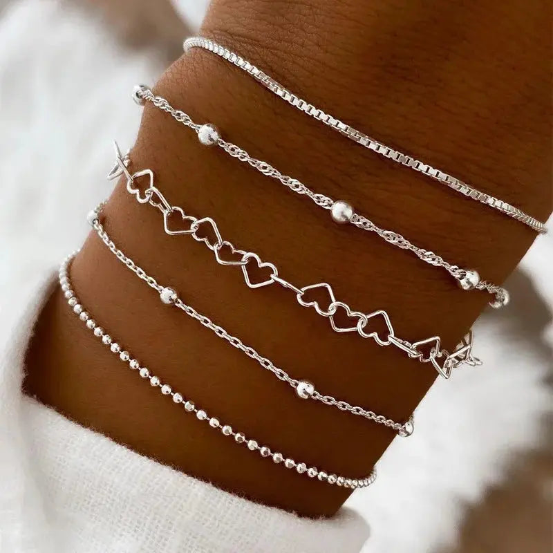 5 Or 15 Pcs Set Silver Chain Bead Bracelets For Women Simple Elegant Jewelry For Vacation Beach Party Casual Wear