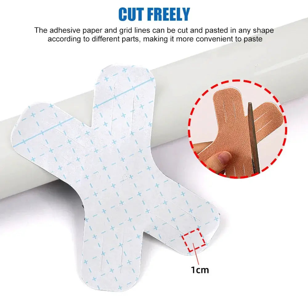 Kinesiology tape X-shaped precut patches by Simples Market, white with blue grid, 10/20 pcs