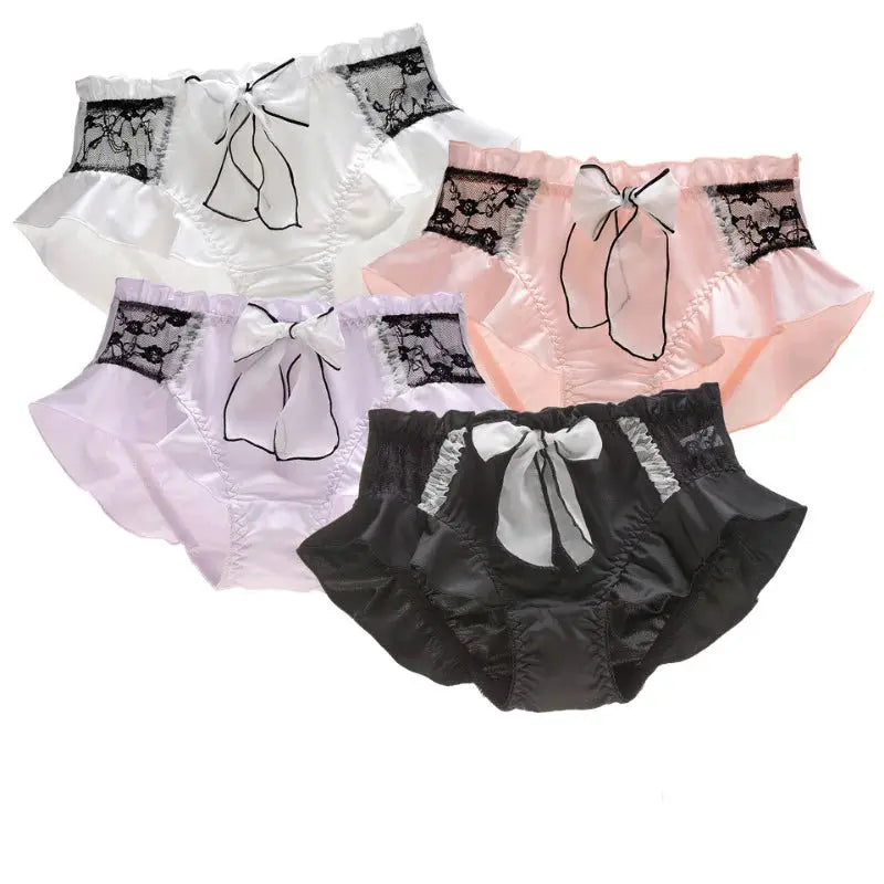 Set of five women's lace panties in white, pink, lavender, peach, and black with satin bows.
