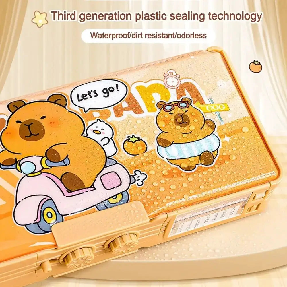 Capibara pen case, ABS material, by Simples Market; colorful capibara pencil box for office or school.
