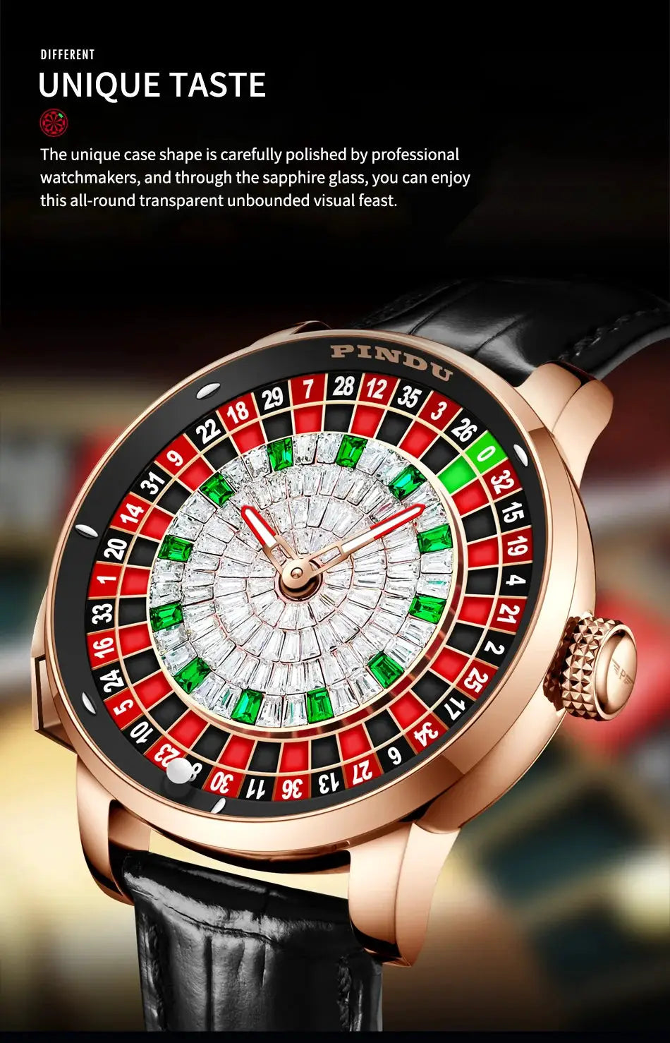PINDU Design NH35A mechanical men’s watch with rose-gold case and roulette-style diamond dial