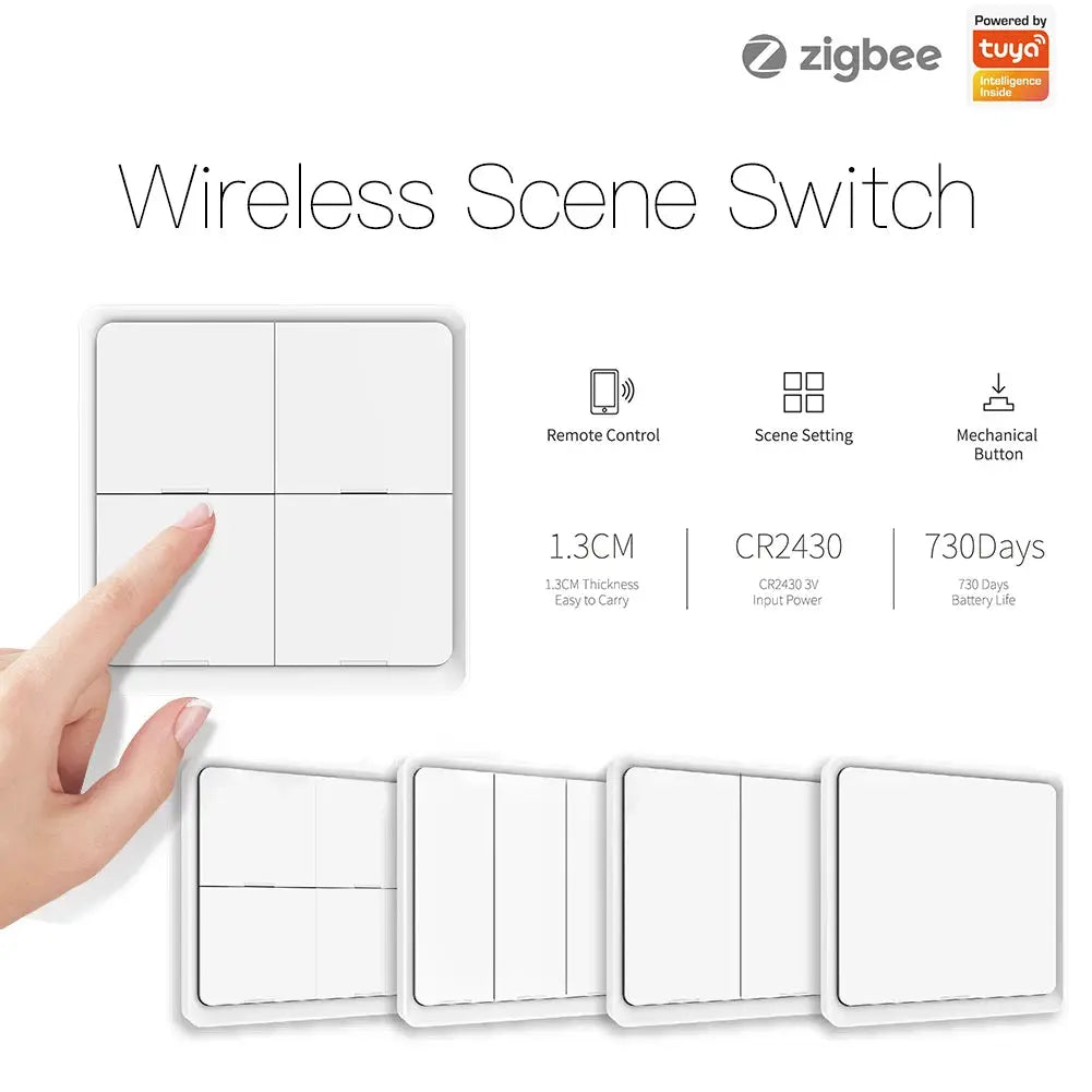 MOES 4-Gang Wireless Scene Switch by Simples Market; white battery-powered Tuya ZigBee push-button controller (4 panels)