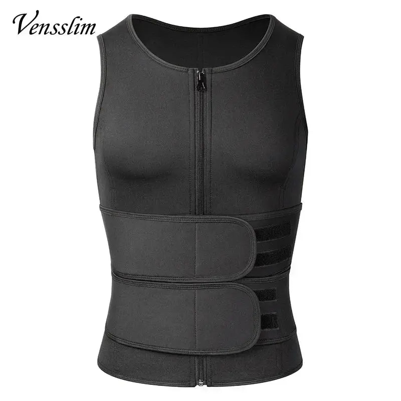 Vensslim men’s waist trainer vest in black with front zipper and dual Velcro straps, Simples Market body shaper.