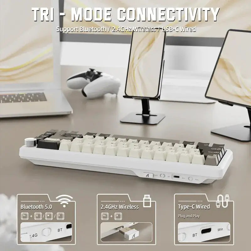 Simples Market Attack Shark X66 wireless mechanical keyboard, white with sideprinted PBT keycaps; BT & 2.4G USB-C wired
