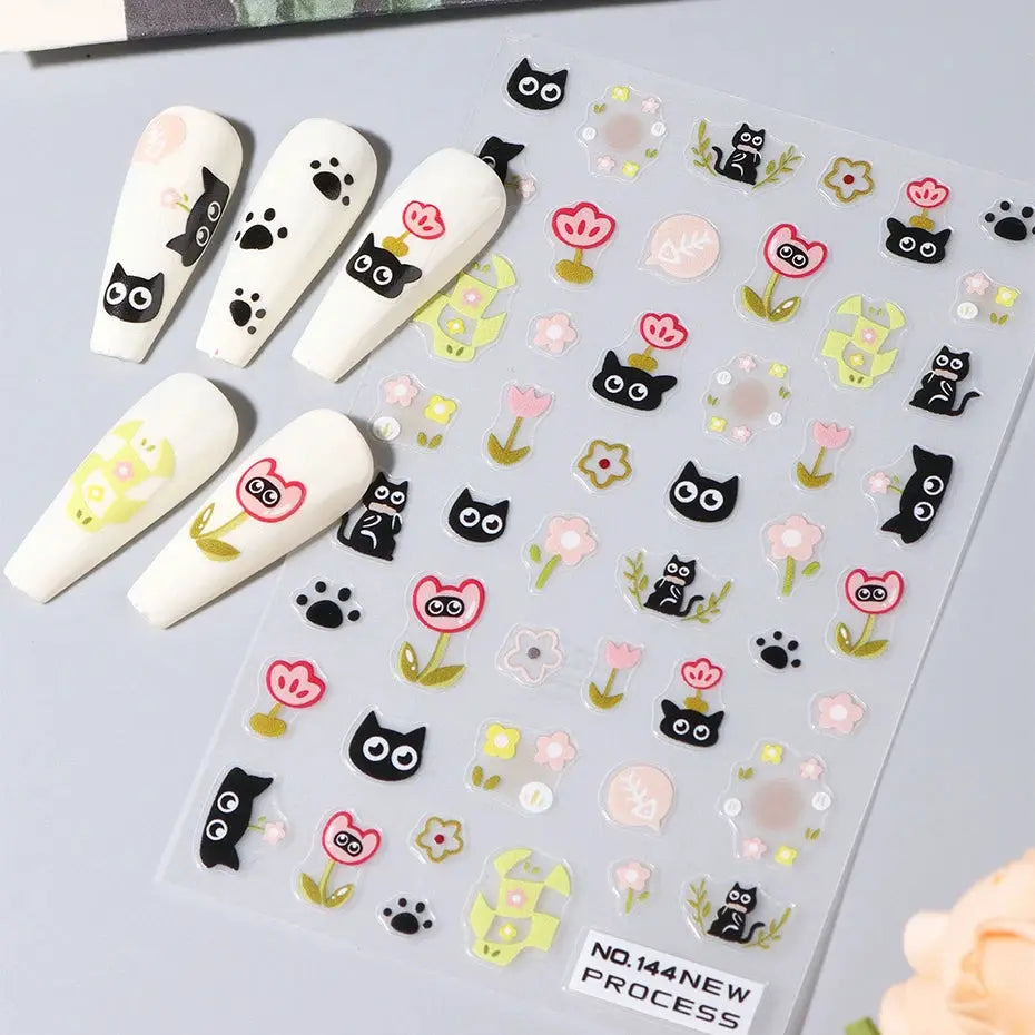 Black Cat Nail Stickers 2pc set by Simples Market; 3D self-adhesive nail art decals for manicure