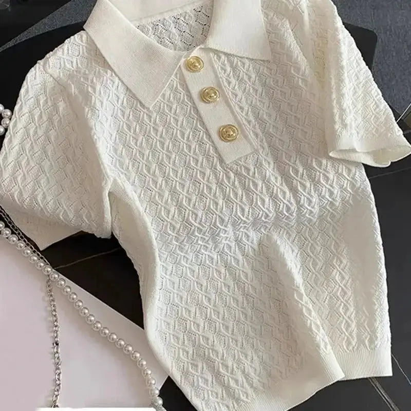 Ice Silk Polo Shirt Women Knitted Short Sleeve Jacquard Top Breathable