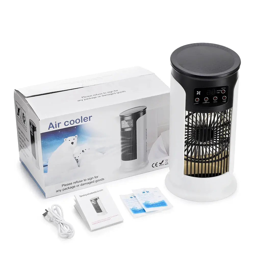 Portable white and black air cooler fan with LED display and USB powered