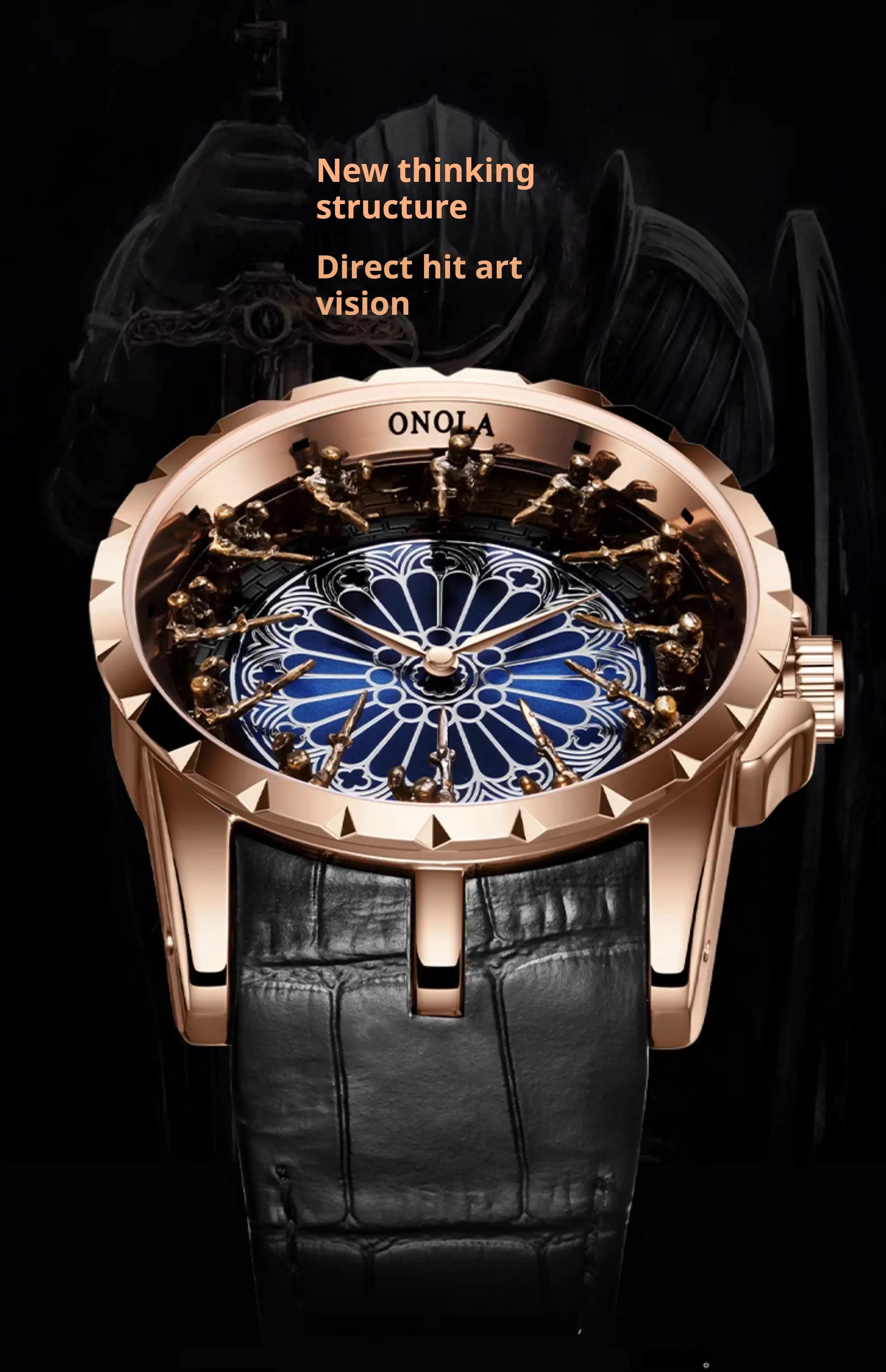 ONOLA men's quartz watch with rose-gold case, blue ornate dial with knight figures and black leather strap