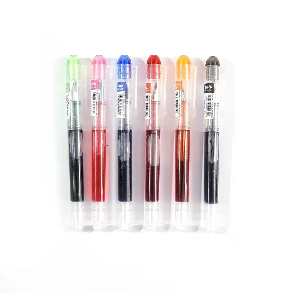 6-pack disposable fountain pens with translucent bodies and colored caps in green, pink, blue, red, orange, black