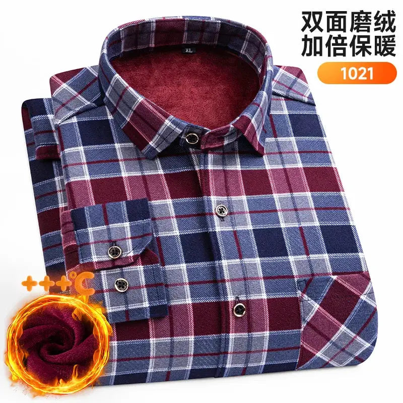 Men's navy and burgundy plaid fleece-lined long-sleeve shirt, Simples Market, thick warm double-sided fleece