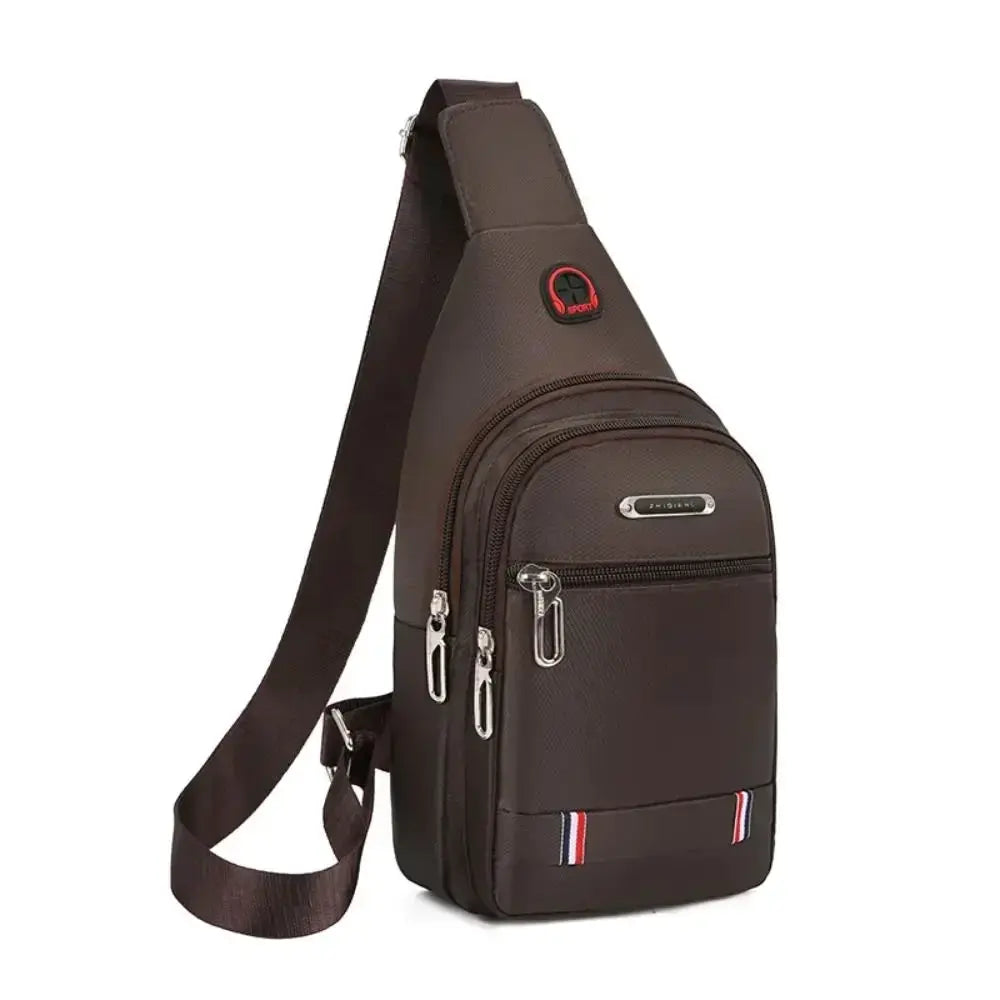 Simples Market brown Oxford cloth crossbody messenger bag with three zipper compartments
