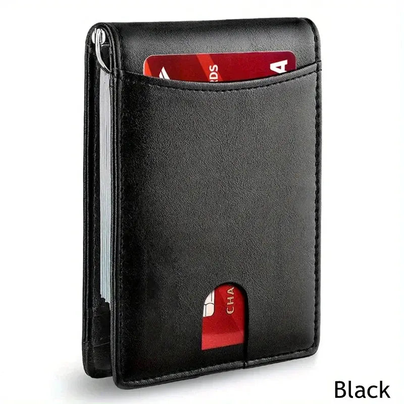 Slim men's wallet in black synthetic leather with card slots and RFID blocking