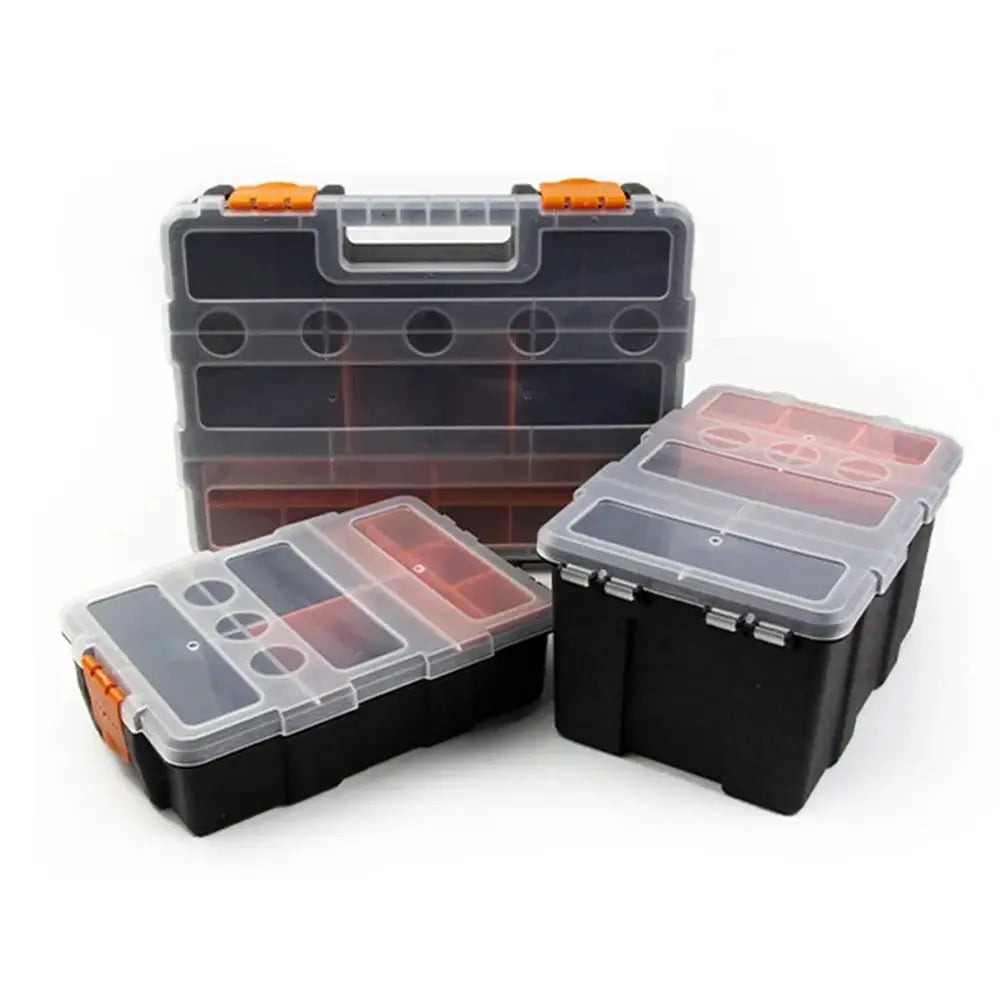 Multi-grid portable plastic toolbox set with three cases, transparent lids and orange latches