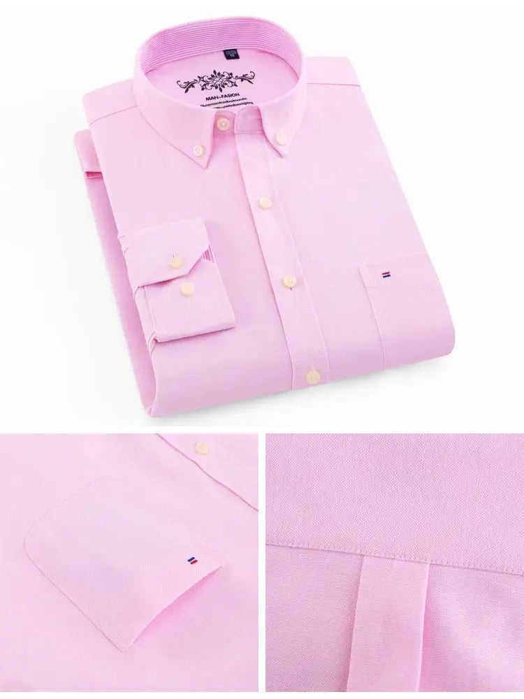 Men's pink long-sleeve Oxford shirt with single patch pocket and button-down collar, regular-fit, Simples Market