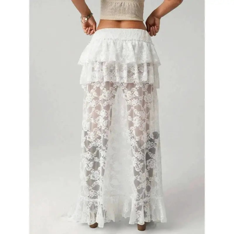 Layered white lace skirt with tiered ruffles and sheer floral lace, boho Y2k streetwear