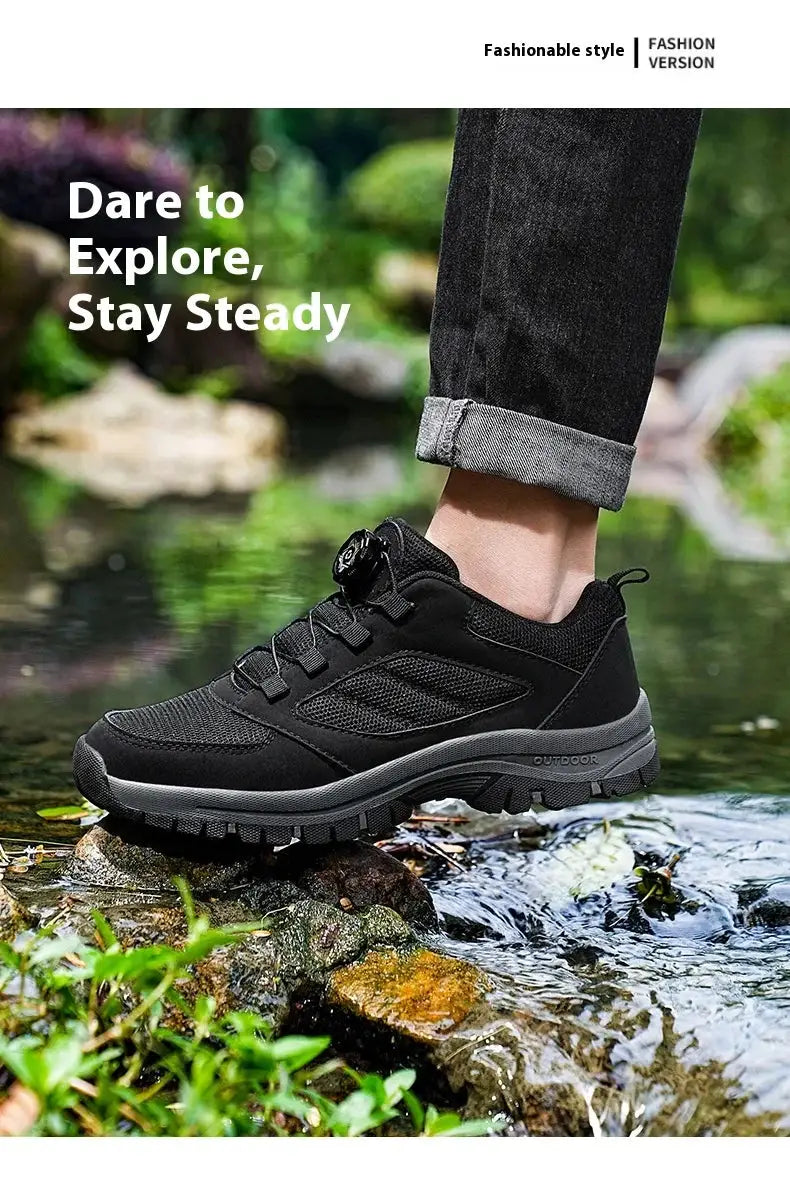 Men's black outdoor hiking shoes with rotating buckle, anti-slip rugged mesh upper and sturdy sole