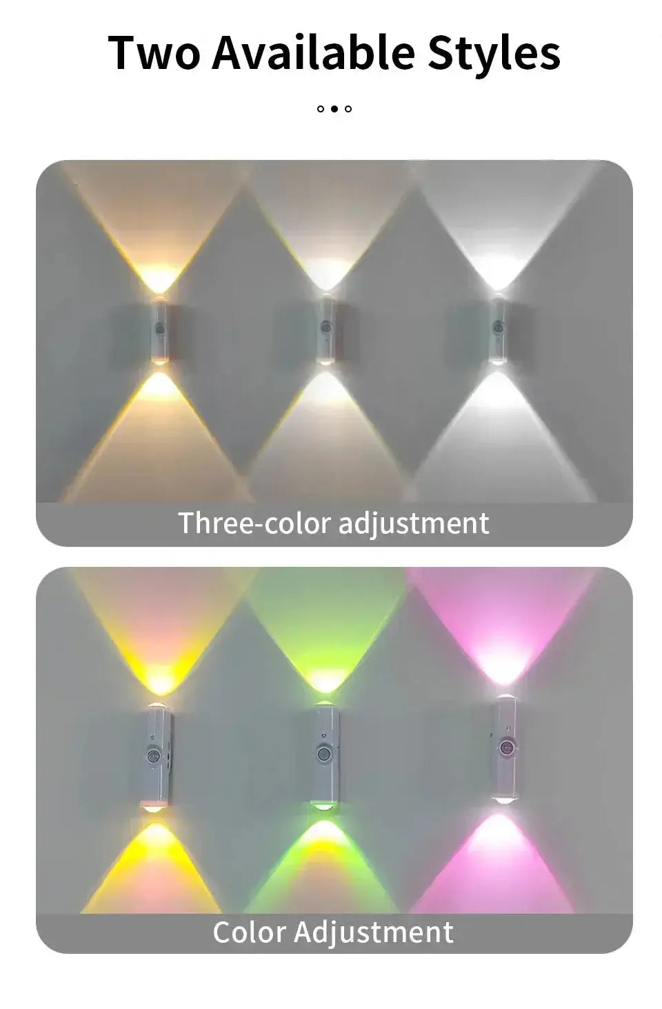 Simples Market smart RGB wall light with motion sensor; three magnetic rechargeable lamps for bedroom or closet.