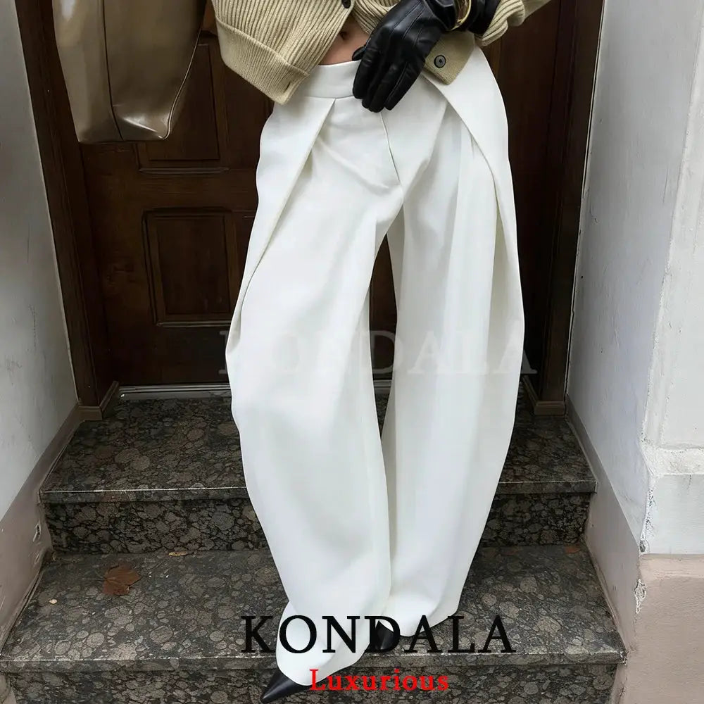 KONDALA Casual Chic Wide Leg Pants For Women High Waist Pleated Trousers With Pockets Office Lady