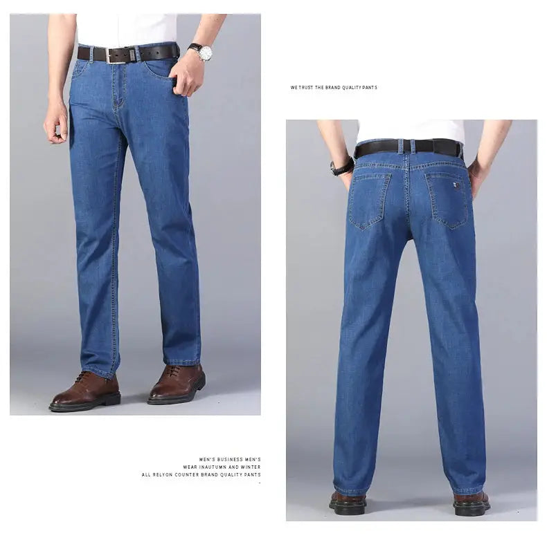 Simples Market men's blue denim jeans with straight leg and stretch cotton for casual business wear (front and back views)