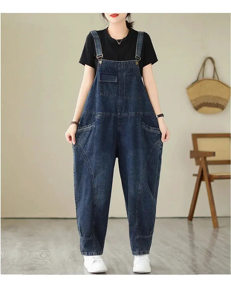 Women's blue denim overalls with suspenders, loose fit and cargo-style pockets