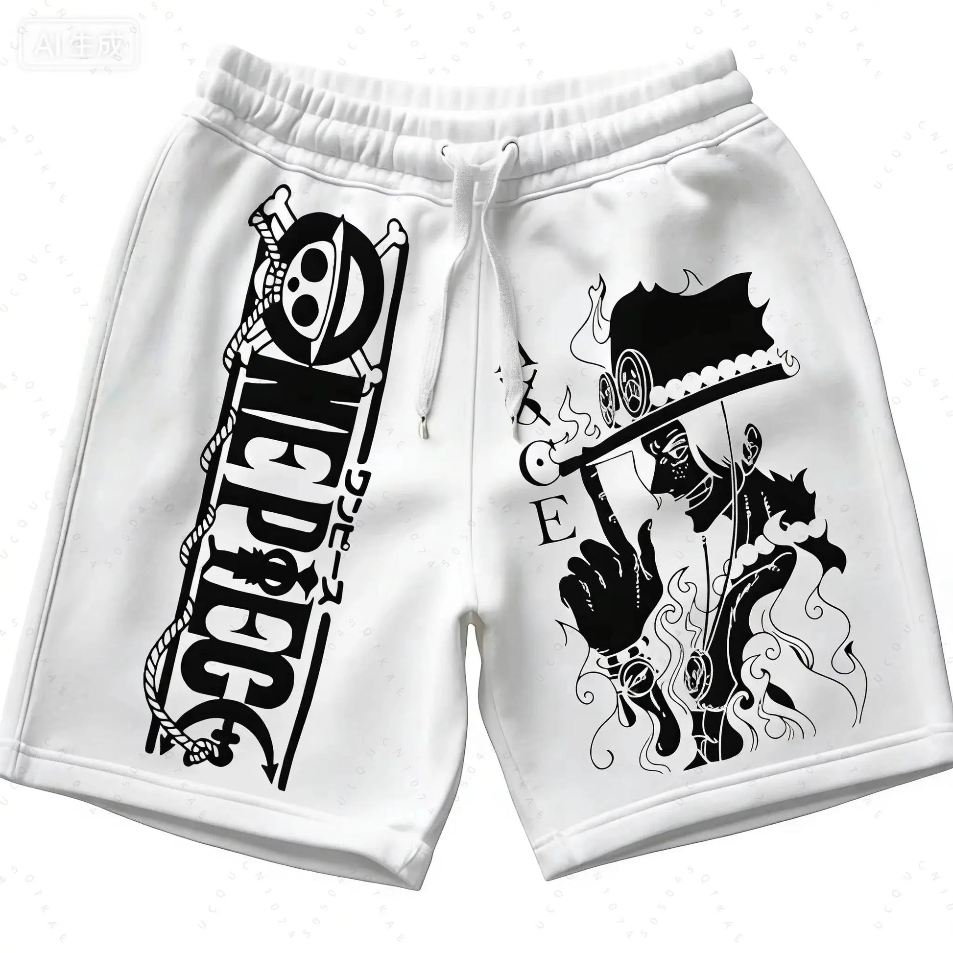 ONE PIECE printed shorts, white with black graphics, drawstring waist, breathable men's athletic shorts