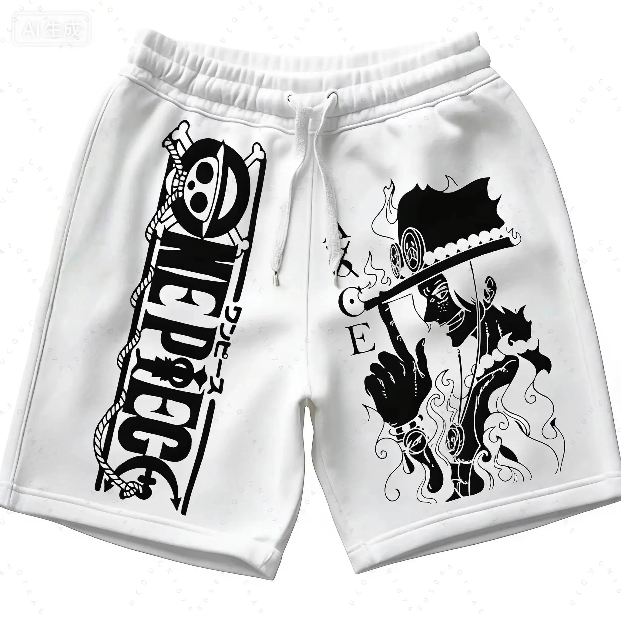 ONE PIECE printed shorts, white with black graphics, drawstring waist, breathable men's athletic shorts