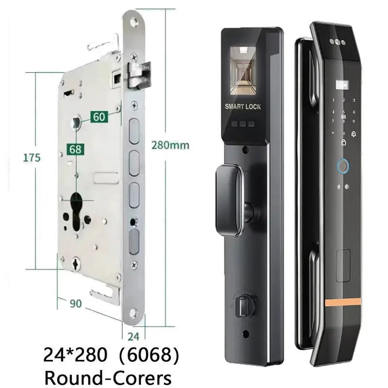 2-piece Simples Market smart door lock set with biometric fingerprint keypad, black front panel and metal strike lock