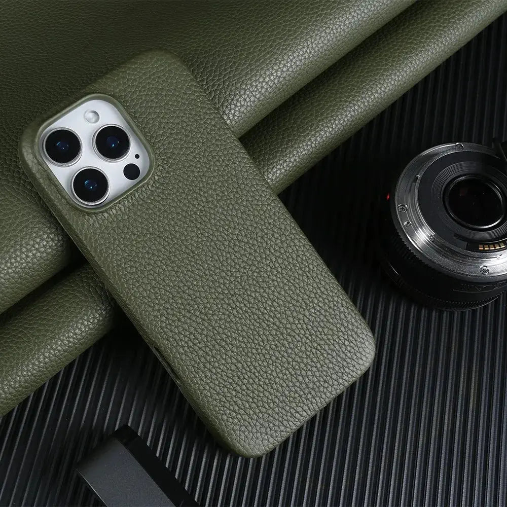 Simples Market olive-green genuine leather MagSafe phone case for iPhone 11–16 Pro Max, full-wrap back cover