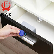 KAK electronic RFID cabinet lock on dark drawer with blue key fob