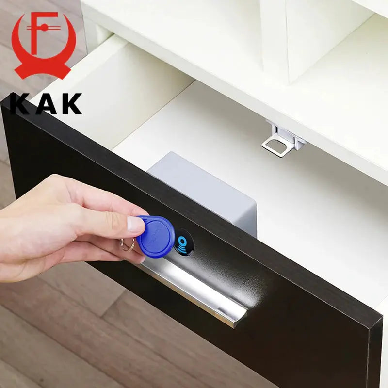 KAK electronic RFID cabinet lock on dark drawer with blue key fob