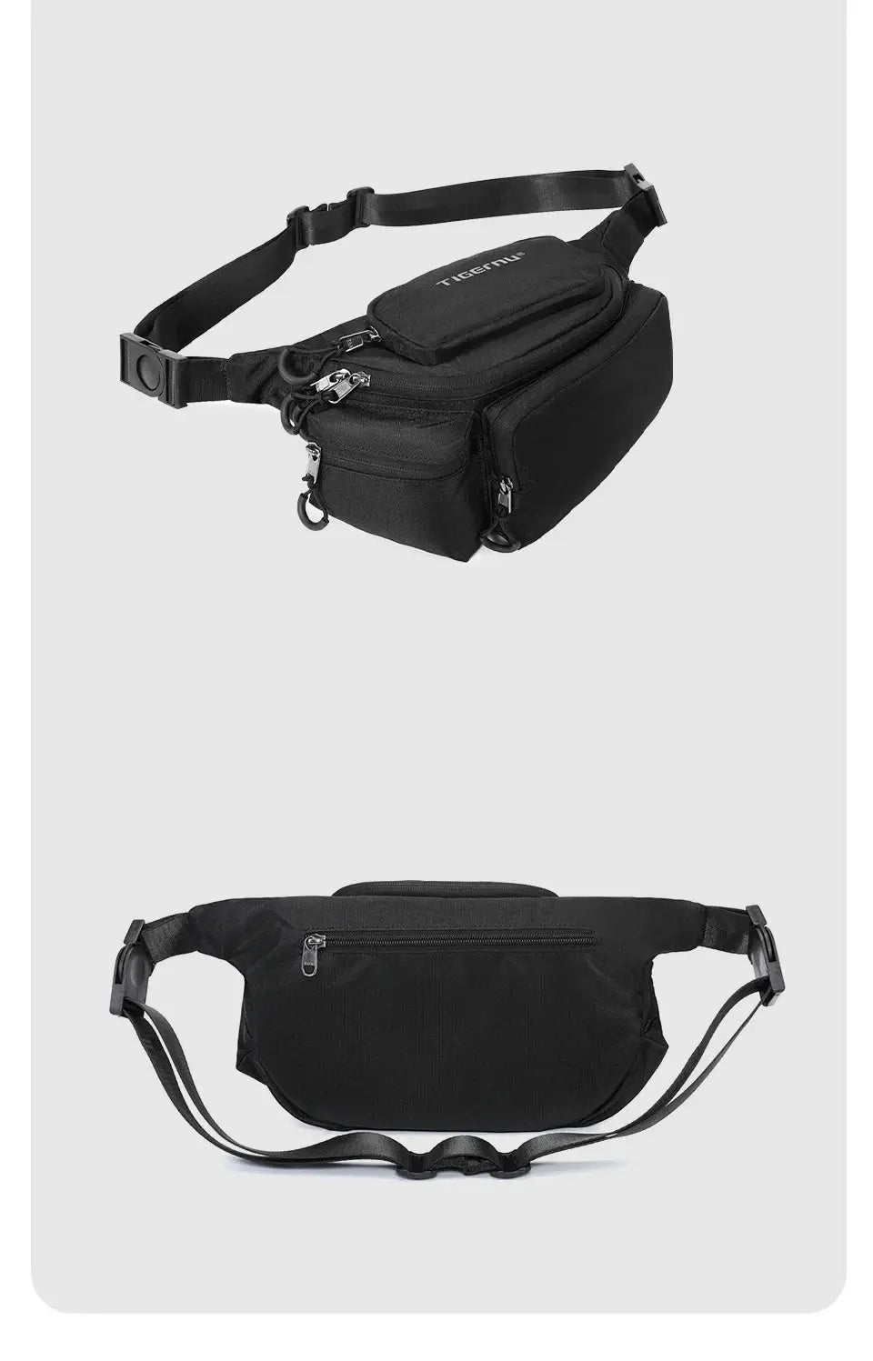 Tigernu black chest bag with multiple zip pockets and adjustable strap