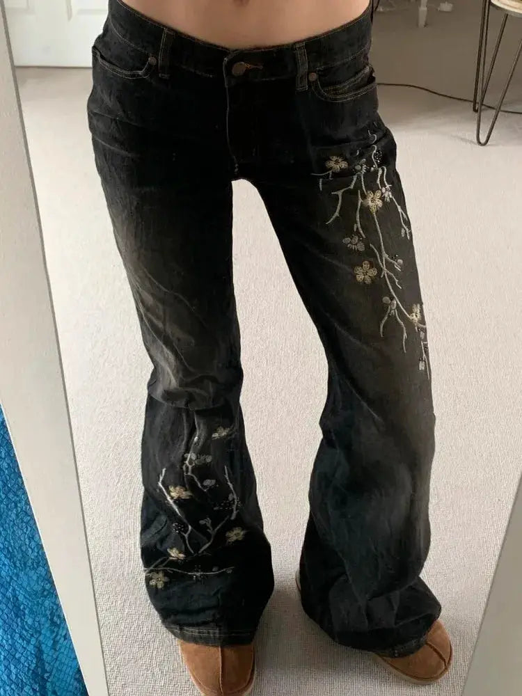 Weekeep Floral Embroidery Jeans Y2K Vintage Low Rise Flared Denim