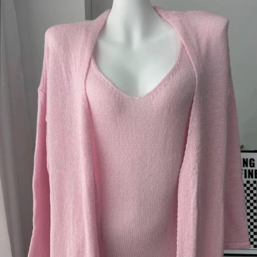 Three Piece Women Cardigan Vest Dress Set With Long Sleeve Outfit