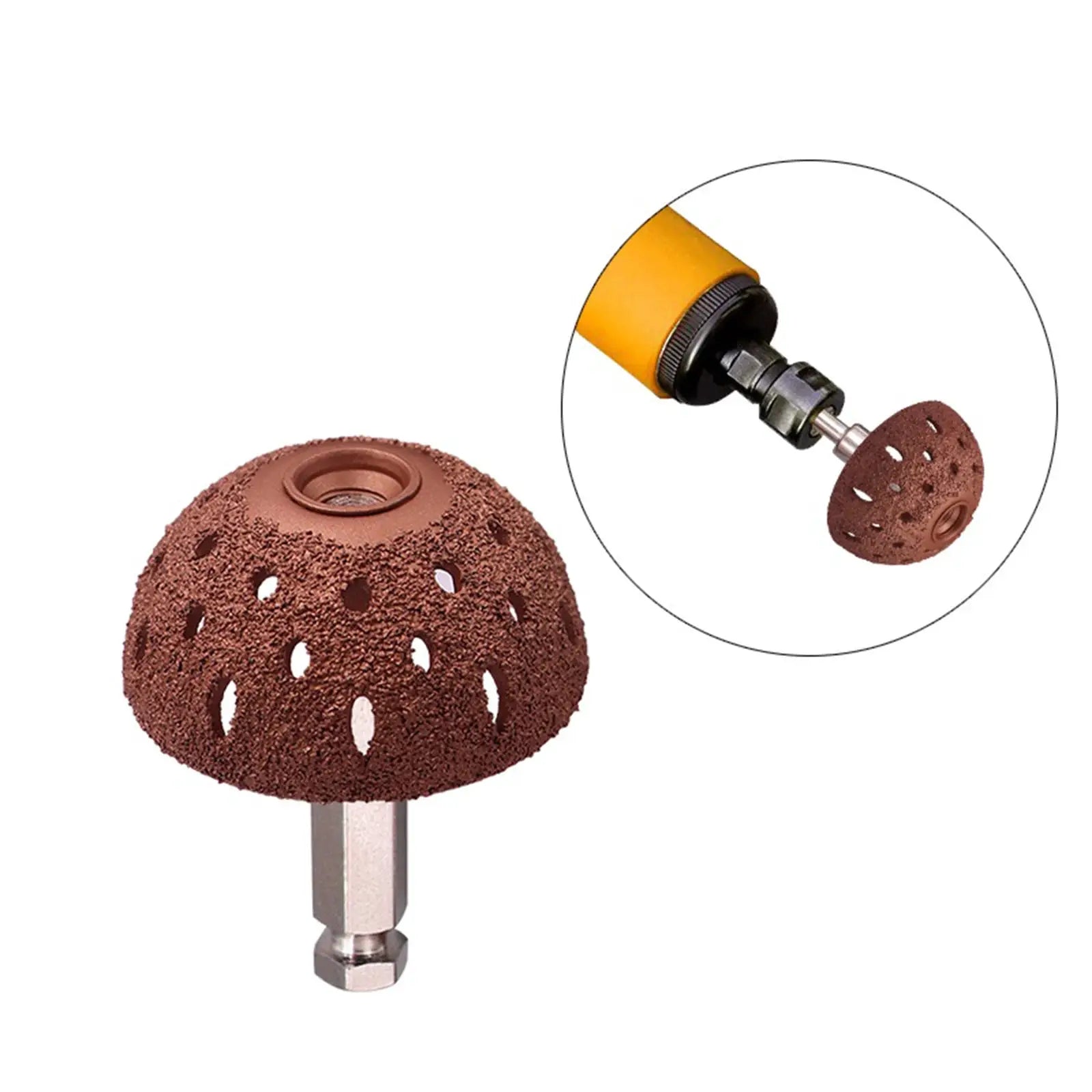 Tire grinding head with tungsten steel hemispherical wheel and orange guard on metal shaft.