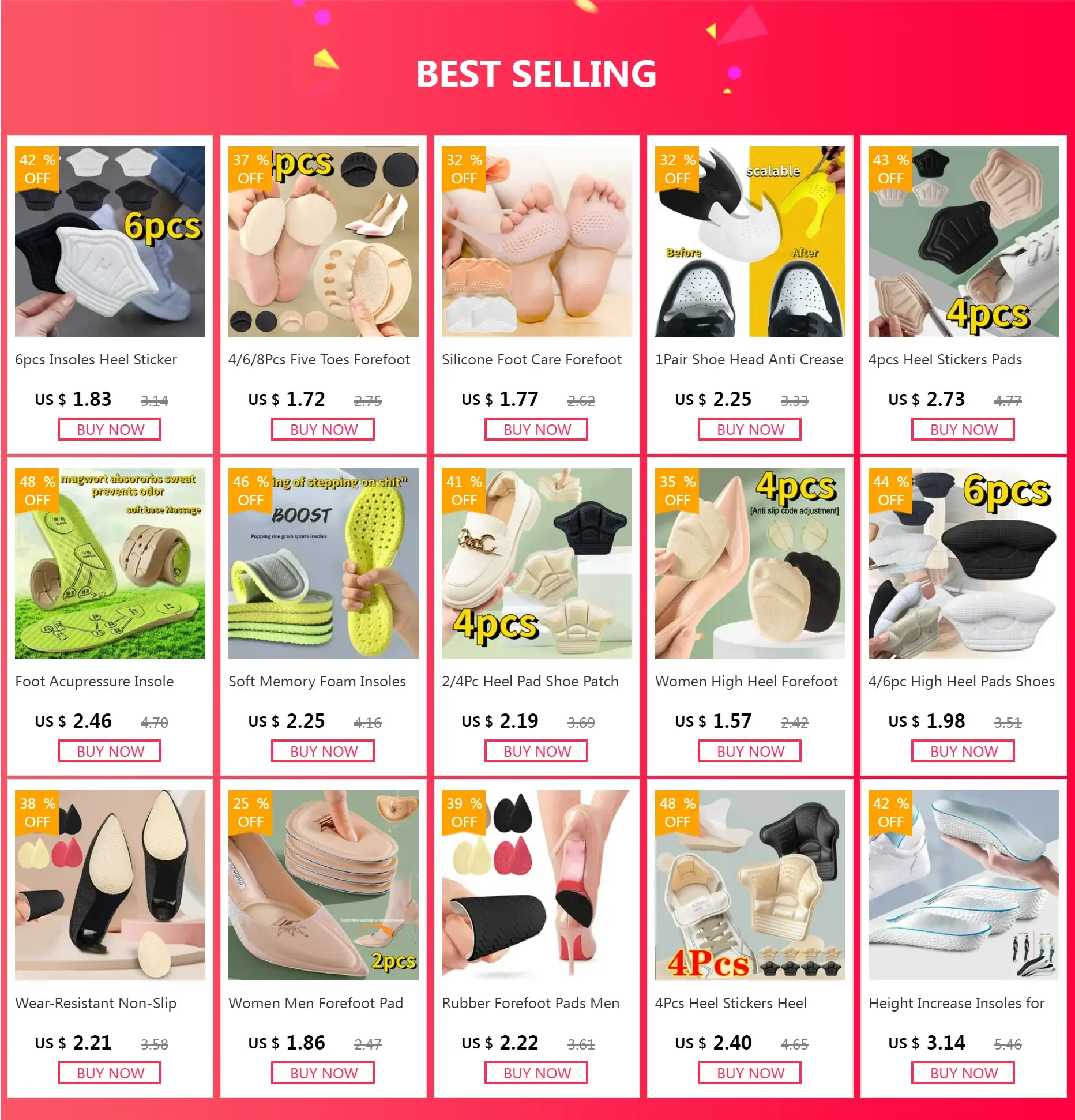Shoe horns and footcare accessories grid by Simples Market, plastic spoon-shaped shoe horn among many insoles and pads.