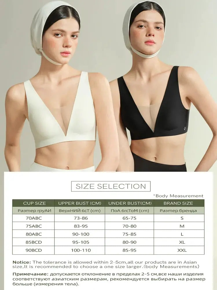 SUJIIN seamless plunge push-up bras for women, wireless mesh, white and black pair