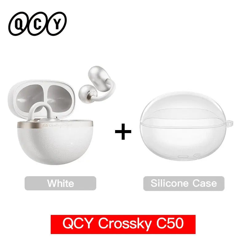 QCY Crossky C50 open-ear wireless earbuds in white with silicone case, 2-item set by Simples Market