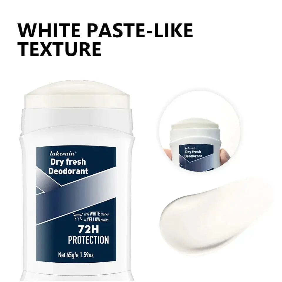 Lakerain Dry Fresh Deodorant stick with white paste-like texture and 72H protection